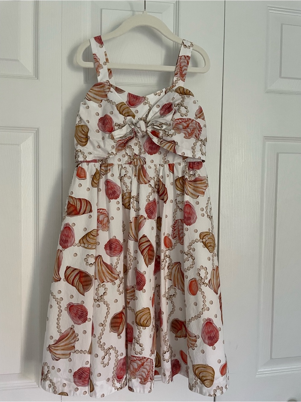 Crewcuts Girls Seashell Pearl Print Dress Size 10 Bow Front Cotton Sundress